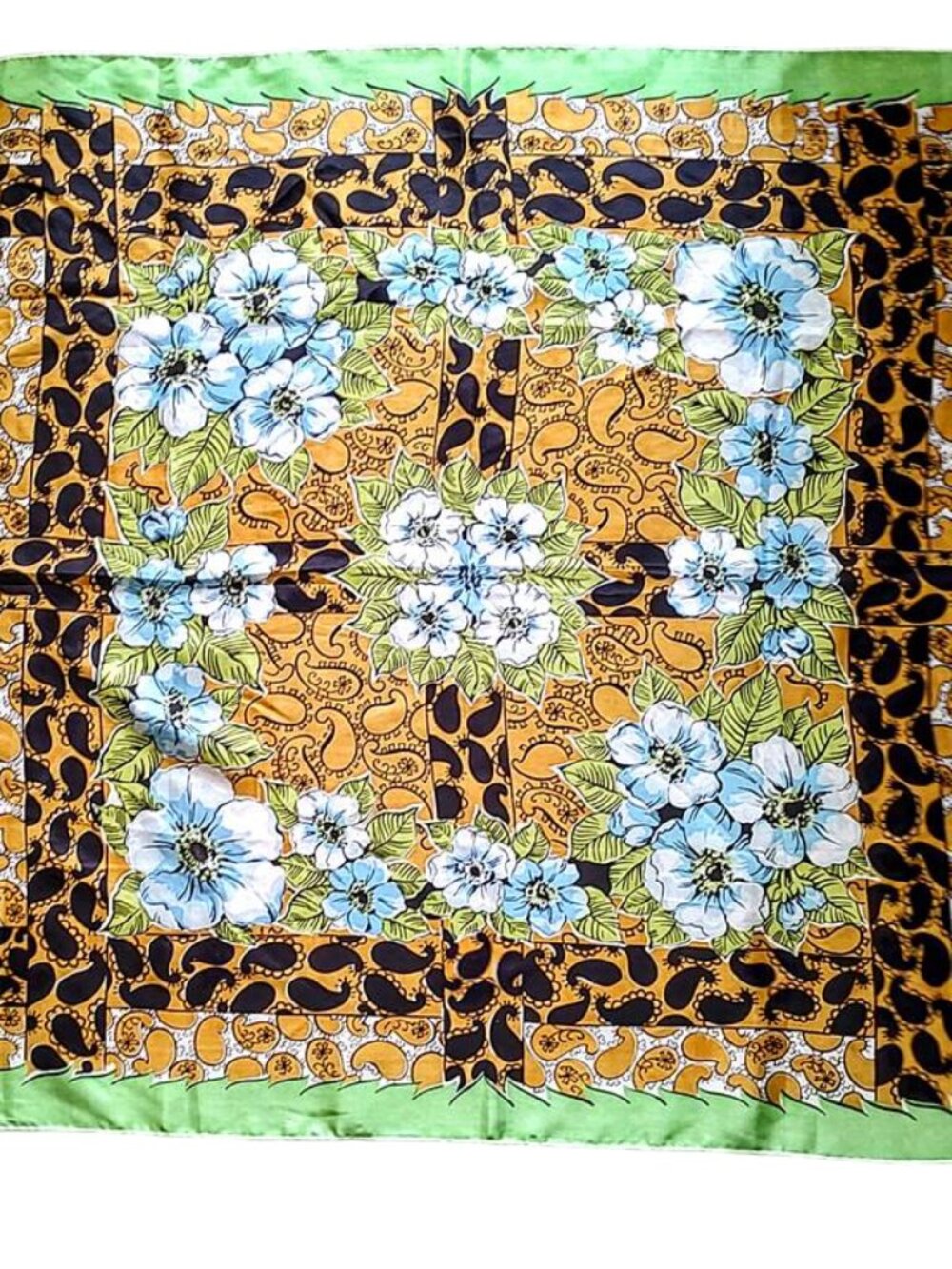 Vintage 1960s Large Bright Green Scarf With Blue Flowers And Black Paisley Print
